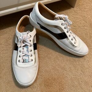 Bally Men’s White Leather Low Top Sneakers Black Silver Patent Stripe US 13 D